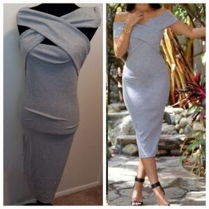 Off Shoulder Ribbed Midi Dress in Heather Gray